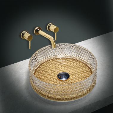 Раковина стеклянная Vincea VBS-5GL04, 400*400*125, накладная, цвет прозрачный/золото	