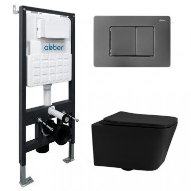 Комплект подвесной унитаз ABBER Rechteck AC1201MB черный матовый с инсталляцией AC0105 и кнопкой AC0120NG никель	