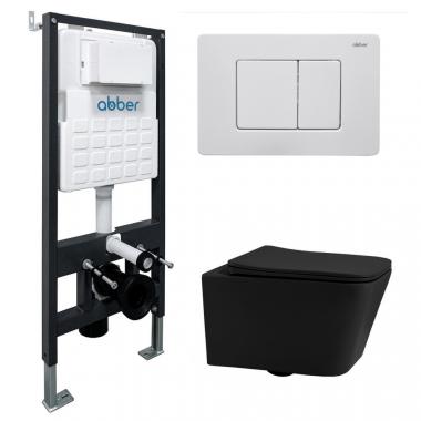Комплект подвесной унитаз ABBER Rechteck AC1201MB черный матовый с инсталляцией AC0105 и кнопкой AC0120MW белая матовая	