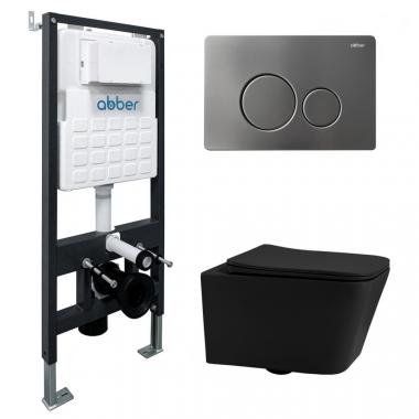 Комплект подвесной унитаз ABBER Rechteck AC1201MB черный матовый с инсталляцией AC0105 и кнопкой AC0121NG никель	