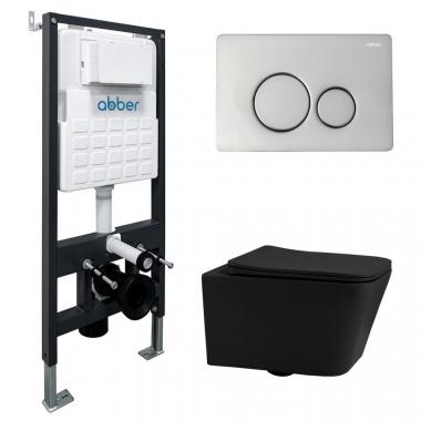 Комплект подвесной унитаз ABBER Rechteck AC1201MB черный матовый с инсталляцией AC0105 и кнопкой AC0121 хром	