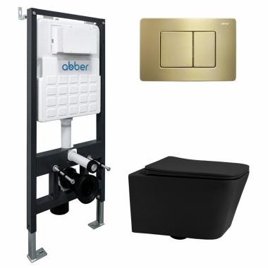 Комплект подвесной унитаз ABBER Rechteck AC1201MB черный матовый с инсталляцией AC0105 и кнопкой AC0120MMG золото матовое	