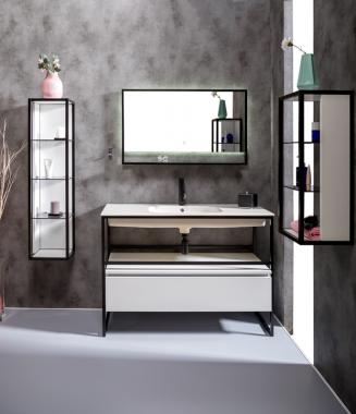 Пенал LOFT низкий белый, полки стекло	
