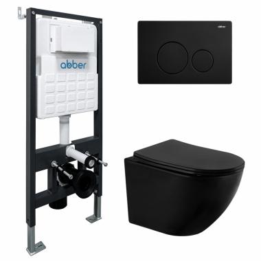 Комплект подвесной унитаз ABBER Bequem AC1100MB черный матовый с инсталляцией AC0105 и кнопкой AC0121MB черная матовая	