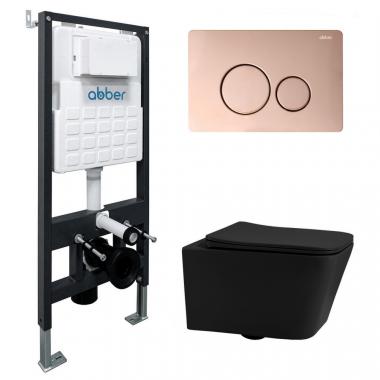 Комплект подвесной унитаз ABBER Rechteck AC1201MB черный матовый с инсталляцией AC0105 и кнопкой AC0121RG золото розовое	