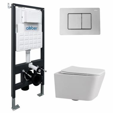 Комплект подвесной унитаз ABBER Rechteck AC1201 белый с инсталляцией AC0105 и кнопкой AC0120 хром	