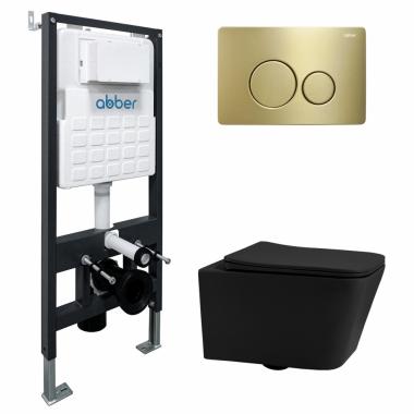 Комплект подвесной унитаз ABBER Rechteck AC1201MB черный матовый с инсталляцией AC0105 и кнопкой AC0121MMG золото матовое	