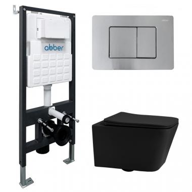 Комплект подвесной унитаз ABBER Rechteck AC1201MB черный матовый с инсталляцией AC0105 и кнопкой AC0120MCH матовый хром	