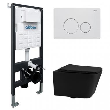 Комплект подвесной унитаз ABBER Rechteck AC1201MB черный матовый с инсталляцией AC0105 и кнопкой AC0121MW белая матовая	
